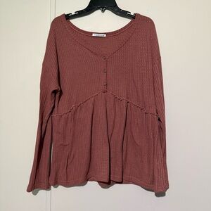 Waffle Knit Long Sleeve Henley Top - Dusty Rose